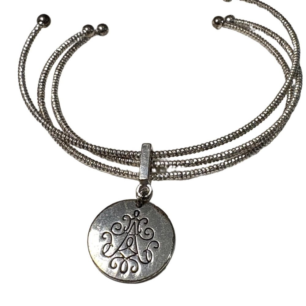 Silver Tone Multi Strand Cuff Bracelet w/ Monogram Style Charm